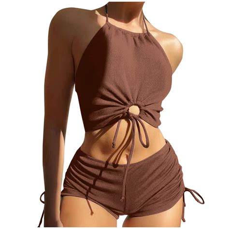 Zqgjb Women S O Ring Tie Halter Crop Top Bikini Set Two Piece High Waisted Shorts Swimsuit Tummy