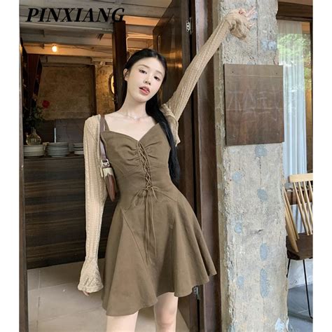 Pinxiang Nữ hot girl mới có dây buộc giảm béo Váy chữ A ngọt ngào và cay Shopee Việt Nam