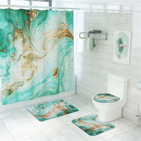 4pcs Abstract Marble Shower Curtain Set With Non Slip Rugs Toilet Lid