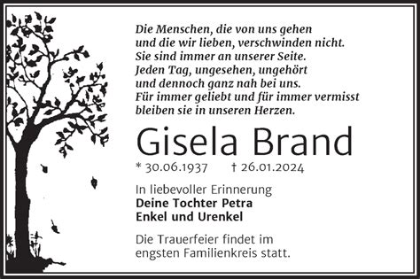 Traueranzeigen Von Gisela Brand Abschied Nehmen De