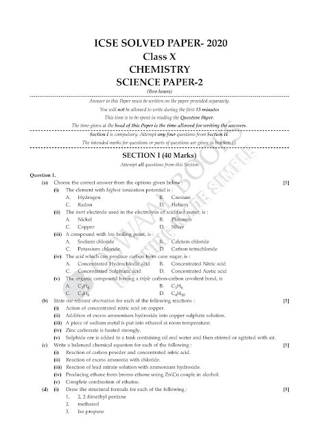 ICSE Class 10th Chemistry 2020 Best Solved Question Paper Topperbhai