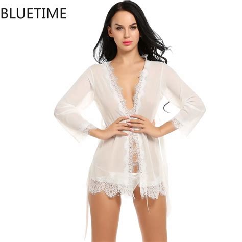 Women Sexy Lingerie Cotton Robe Dress Lady Floral Lace Trimmed Nightwear Sleepwear With G String