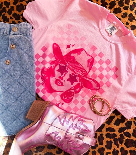 Checkered Cowgirl Tee Pink Bulldog Boutique