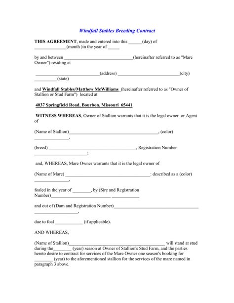 Horse Breeding Contract Template