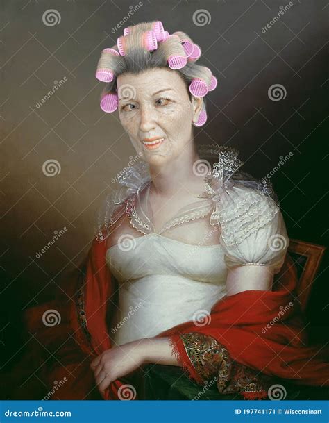Funny Oil Painting Portrait, Ugly Woman Wearing Curlers Stock