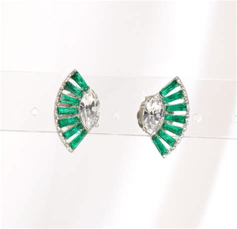 Art Deco Emerald Earrings Retro Fan Design Vintage Pierced Etsy