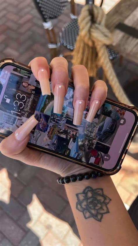 Long Nude Acrylic Rectangle Nails White Dot Pinky Nude White Nails Nails Pinky