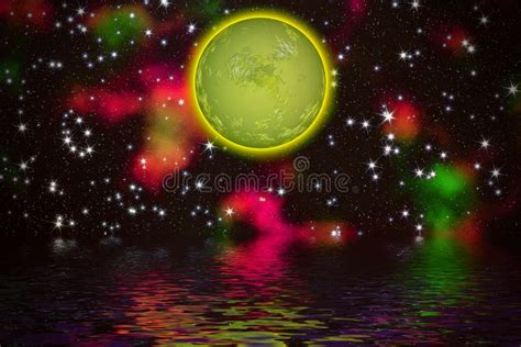 Bright Moon With Colorful Background Stars And Galaxies Stock