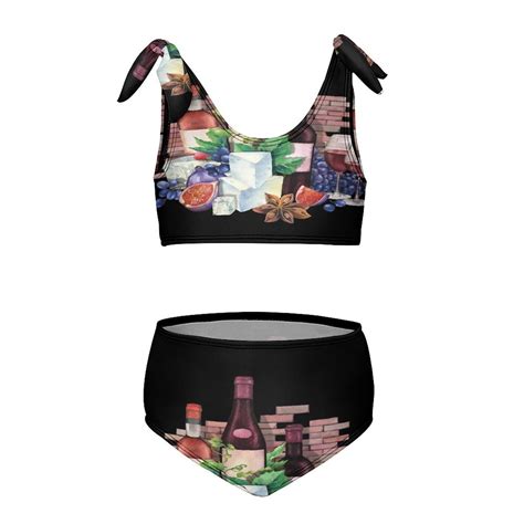 Watercolor Wine Glasses And Bottles Decorated With Delicious Food Girl S Piece Bikini Set