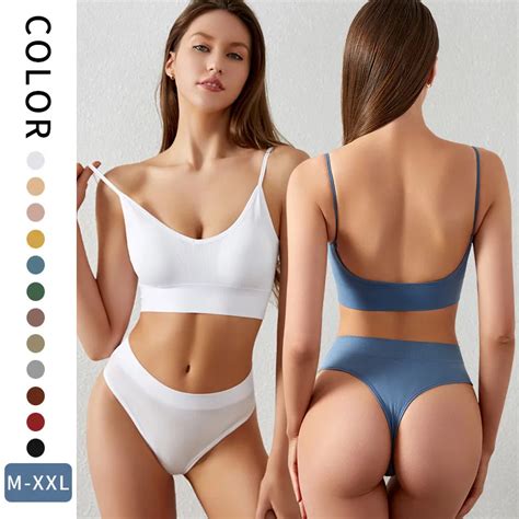 Colors Women Seamless Bra Set Sexy Thong Low Waist Panties Wire Free Bra Lingerie Comfortable