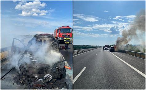 FOTO INCENDIU pe Autostrada A1 între Sebeș și Deva Un autoturism a