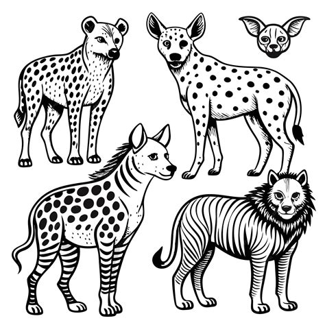 Illustrations of various stylized hyenas and a lion | Premium AI