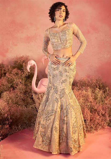 Buy Women Nude Shade Leaf Embroidered Lehenga Set WLL00041 Lehenga Set Indya