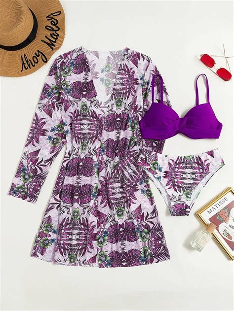 Floral Print Bikini Set Women Low Waist Twist Swimsuit Long Sleeve