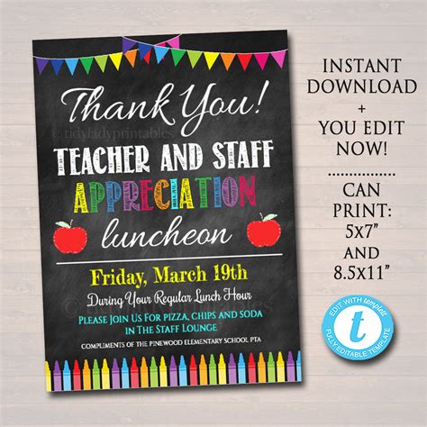 Teacher And Staff Appreciation Week Printable Luncheon Invite Tidylady Printables