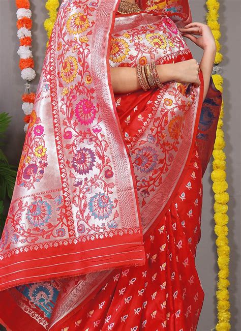 Shop Patola Silk Zari Weaving Work Red Color Saree Party Wear Online At