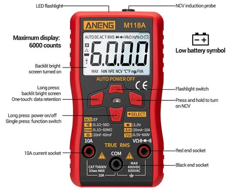 Aneng M118a Digital Mini Multimeter Tester Auto Mmultimetro True Rms Tranistor Meter With Ncv