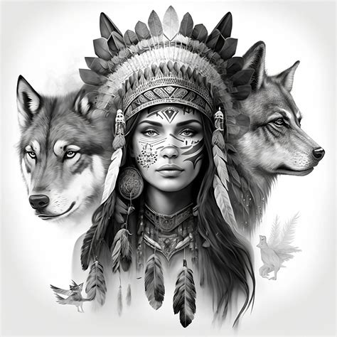 Native American Girl And Wolf Tattoo Design White Background Png File