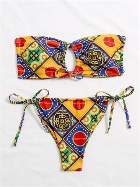 Shein Swim Bohofeel Mixed Print Bikini Set Self Tie Bandeau Bra And Thong Bottom 2 Piece Bathing