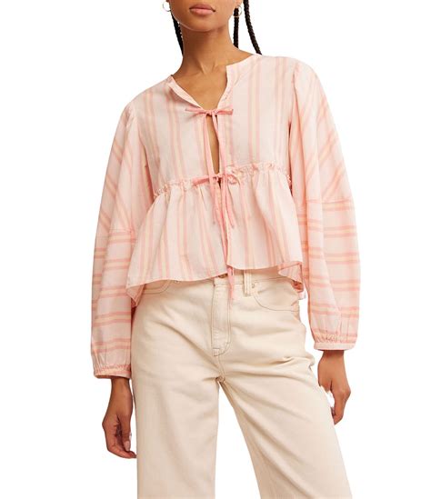 Free People Brunch Babe Stripe Print V Neck Tie Front Long Sleeve Blouse Dillard S