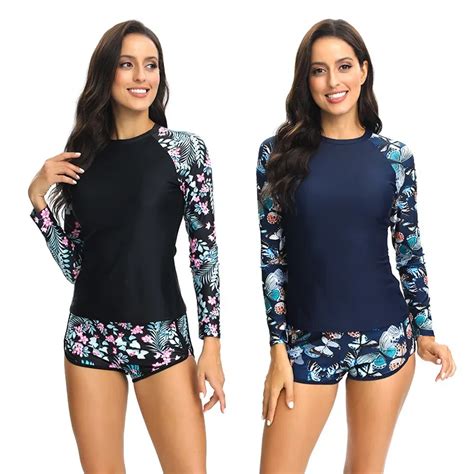 Women Long Sleeve Swimwear Floral Bikini Swimsuit Surf Wear Tankini Floral Drawstring Raglan