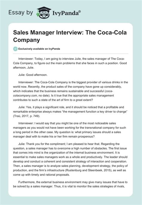 Sales Manager Interview The Coca Cola Company 605 Words Essay Example