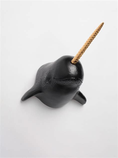 The Walley Narwhal Wall Mount in black with gold horn – White Faux Taxidermy