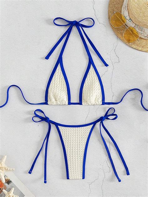 SHEIN Swim SXY Conjunto De Bikini Triangular Para Damas Con Correa De Cuello Halter Y Diseño De