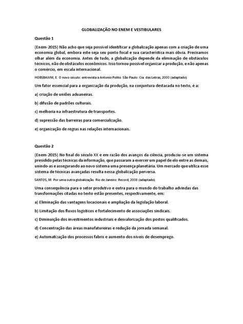 Questões Enem Sobre Globalização - Globalização no ENEM: Questões e Análises | PDF