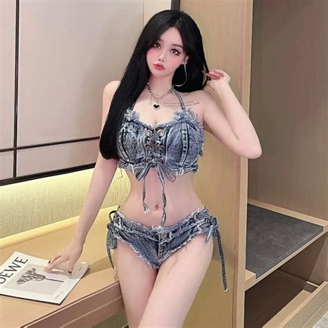Vintage Women Bikini Tanga Two Piece Low Waist Push Up Swimsuit Brazilian Sexy Swimwear Denim