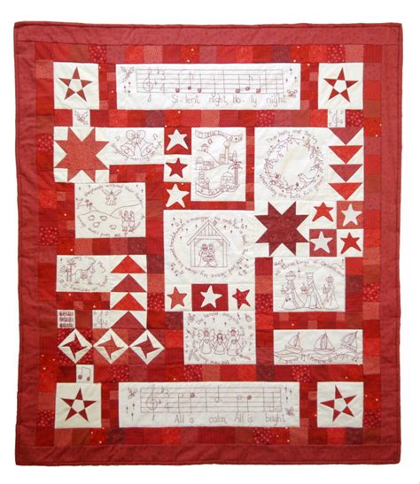 Christmas Carols Redwork Quilt Pattern And Pre Printed Embroidery