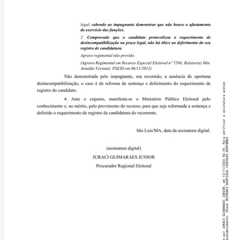 Ministério Público emite parecer favorável no caso do candidato