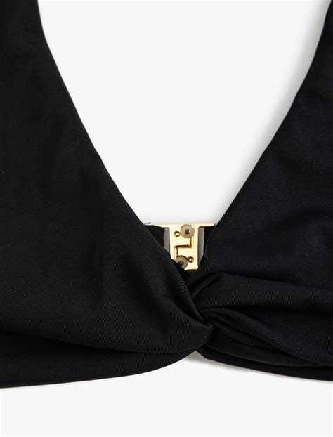 Siyah Kadın Bikini Üstü Boyundan Bağlamalı Kopçalı Pedli Astarlı SAK MM Koton