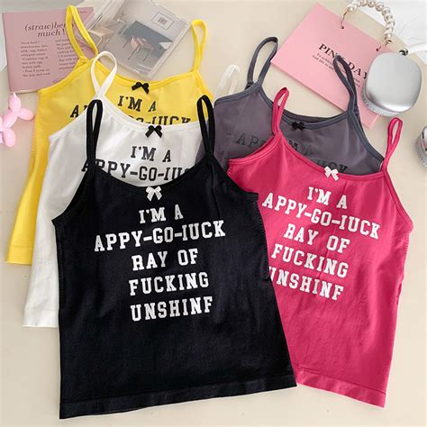 Hot Girl Dopamine Yellow Camisole Letter Tank Top Women S Summer Slim Short Vest Sexy Inner Wear