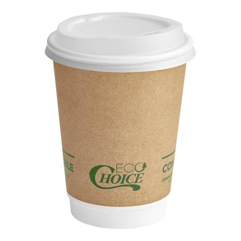 EcoChoice 12 Oz Smooth Double Wall Kraft Compostable Paper Hot Cup And PLA Lid 50 Pack