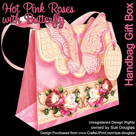 Handbag Gift Box Hot Pink Roses With Butterfly Cup Craftsuprint
