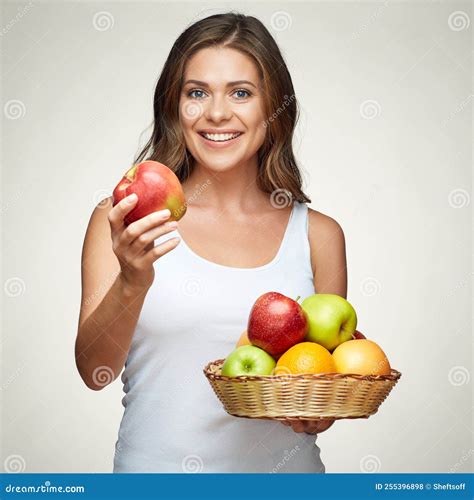 Fruit Diet for Young Healthy Woman with Apples and Citrus Stock Photo