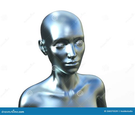 3d Illustration Of A Female Bald Silver Head On A White Background Metal Mannequin Stock