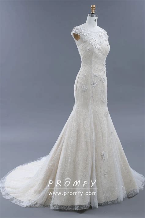 Beaded Lace 3D Flowers Tulle Cream Wedding Gown Promfy