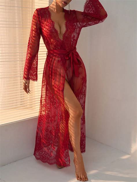Shein Floral Lace Belted Robe Lingerie Shein Usa