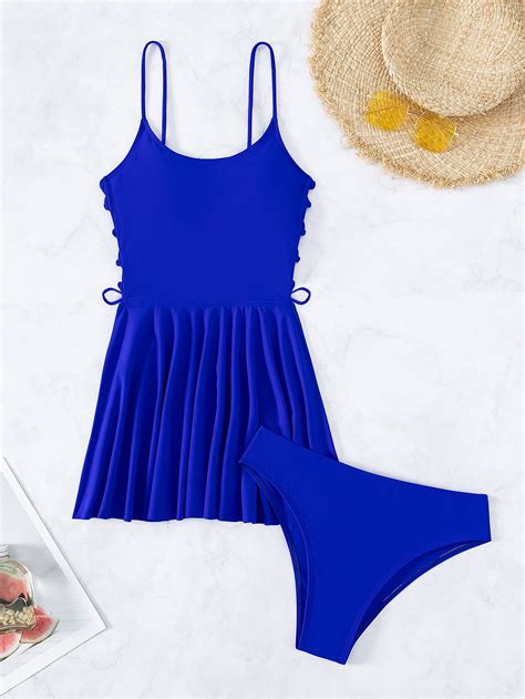 Solid Tankini Set Lace Up Side Flowy Swim Dress Bikini Bottom 2 Piece