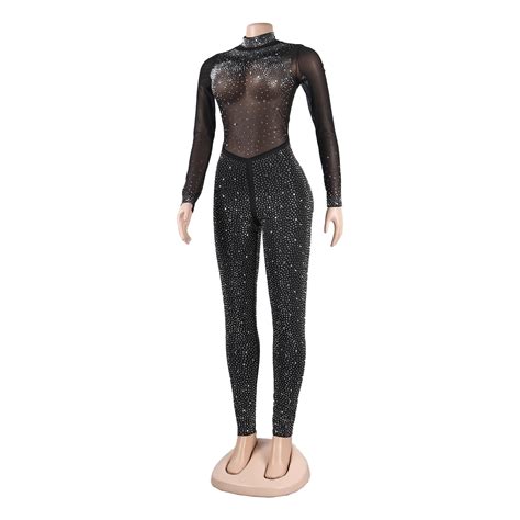 Sexy Hot Drilling Mesh Jumpsuit Nightclub Suit