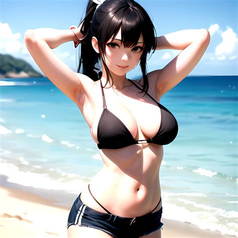 Girl Arms Behind Head Armpits Beach Bikini Bikini Under Shorts Black Bikini Black Hair Blurry