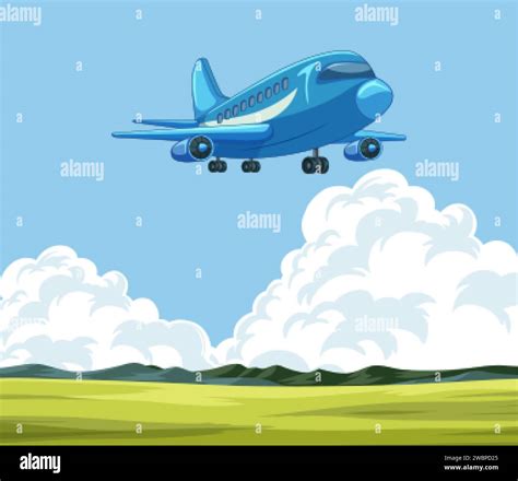 Cartoon Airplane In Flight With Cloudy Sky Backdrop Stock Vector Image