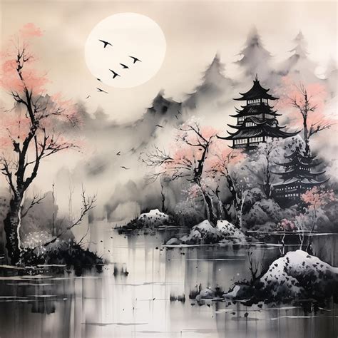 Suibokuga paisaje japonés pintura de acuarela paisaje artista de flores