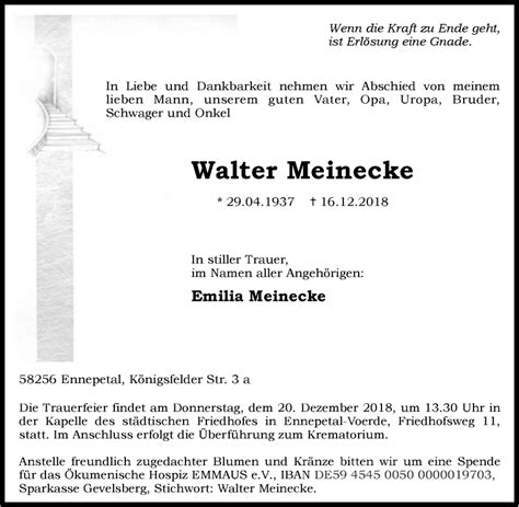 Traueranzeigen Von Walter Meinecke Trauer In Nrw De