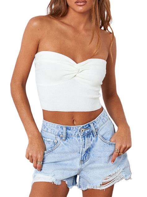 Shuttle Tree Womens Strapless Crop Top Sexy Sweetheart Neck Ribbed Knit