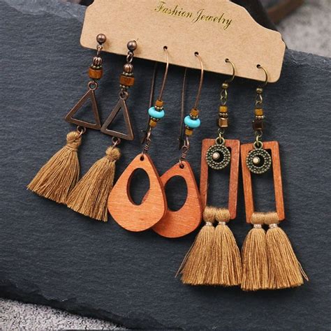 3 Pairs Set Bohemian Boho Earrings Hook Drop Dangle Wood Shape