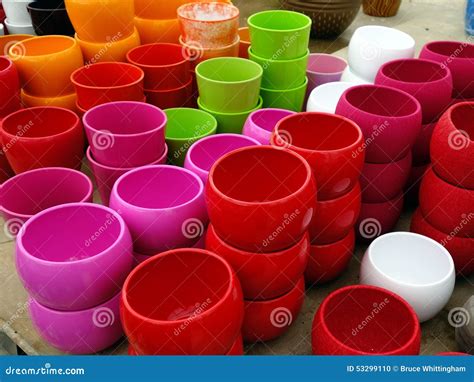 colorful plastic flower pots stock photo image   garden