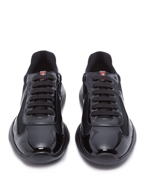 Prada America S Cup Patent Leather And Mesh Trainers In Black For Men